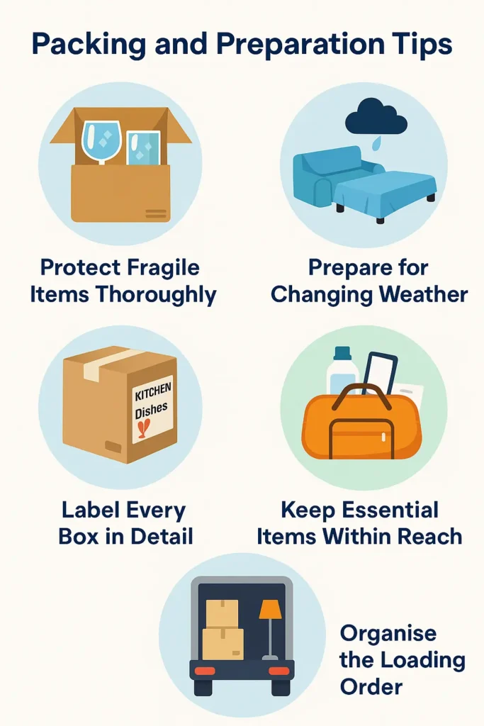 Moving tips showing fragile packing, weather prep, labeling, essentials, and loading order