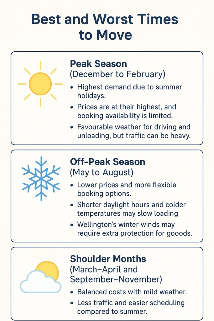 Seasonal moving guide showing peak, off-peak, and shoulder months with weather icons