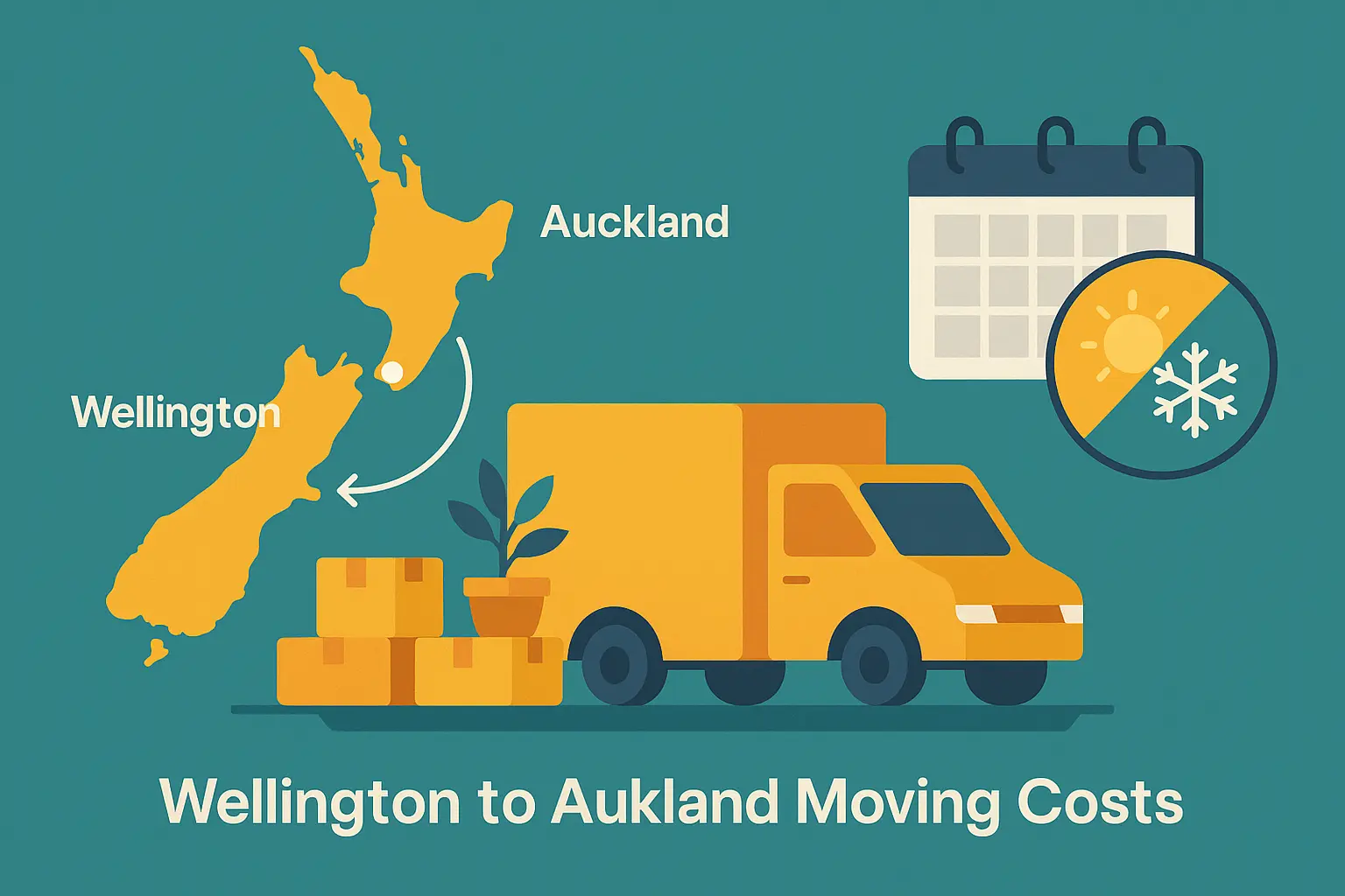 Map of New Zealand with moving truck, boxes, and seasonal icons for relocation costs