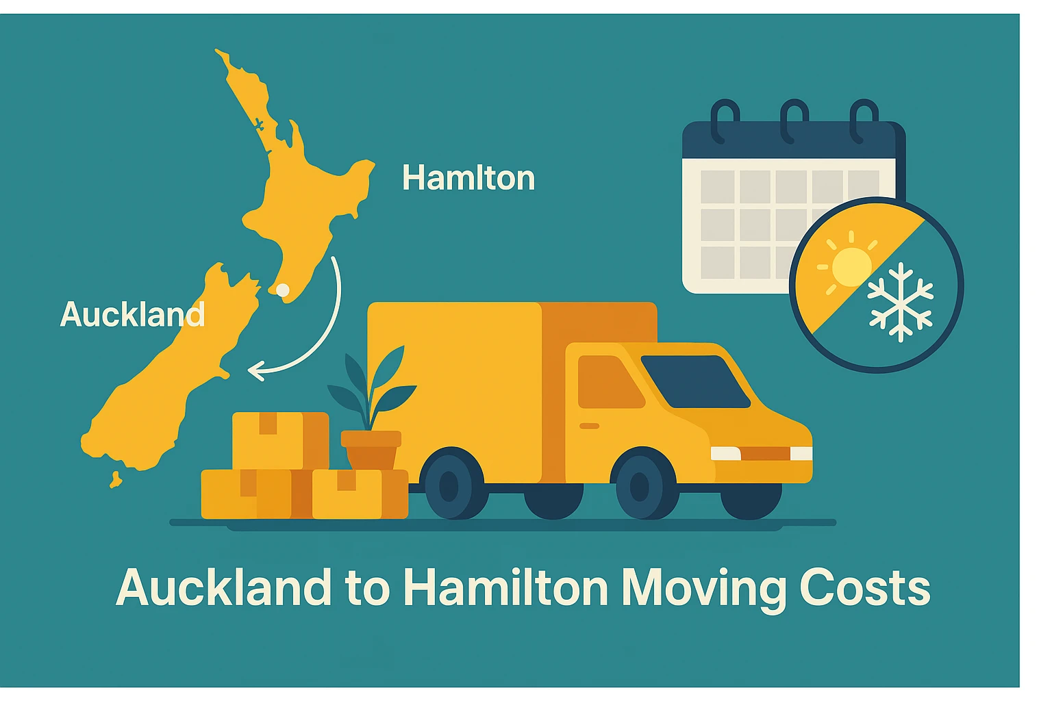 Illustration of a moving truck, boxes, and map showing Auckland to Hamilton relocation route with calendar icon