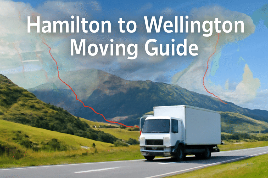 Digital illustration of a moving truck on a scenic New Zealand road, with a route map from Hamilton to Wellington
