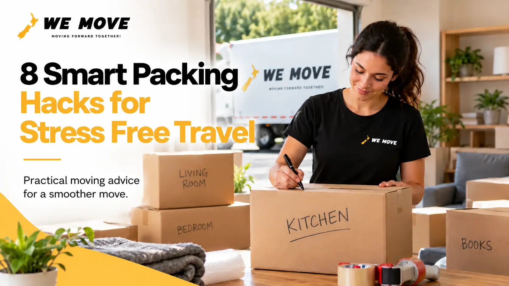 Woman labeling moving boxes while preparing for a move, featuring 8 smart packing hacks for stress-free travel by We Move.