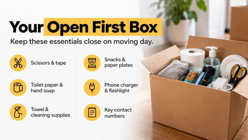 Moving day essentials checklist showing items to pack in an open first box