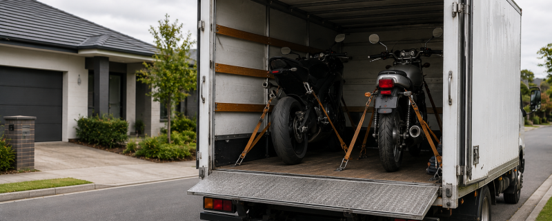 Motorcycle secured inside a moving truck for safe transport in Christchurch, New Zealand.